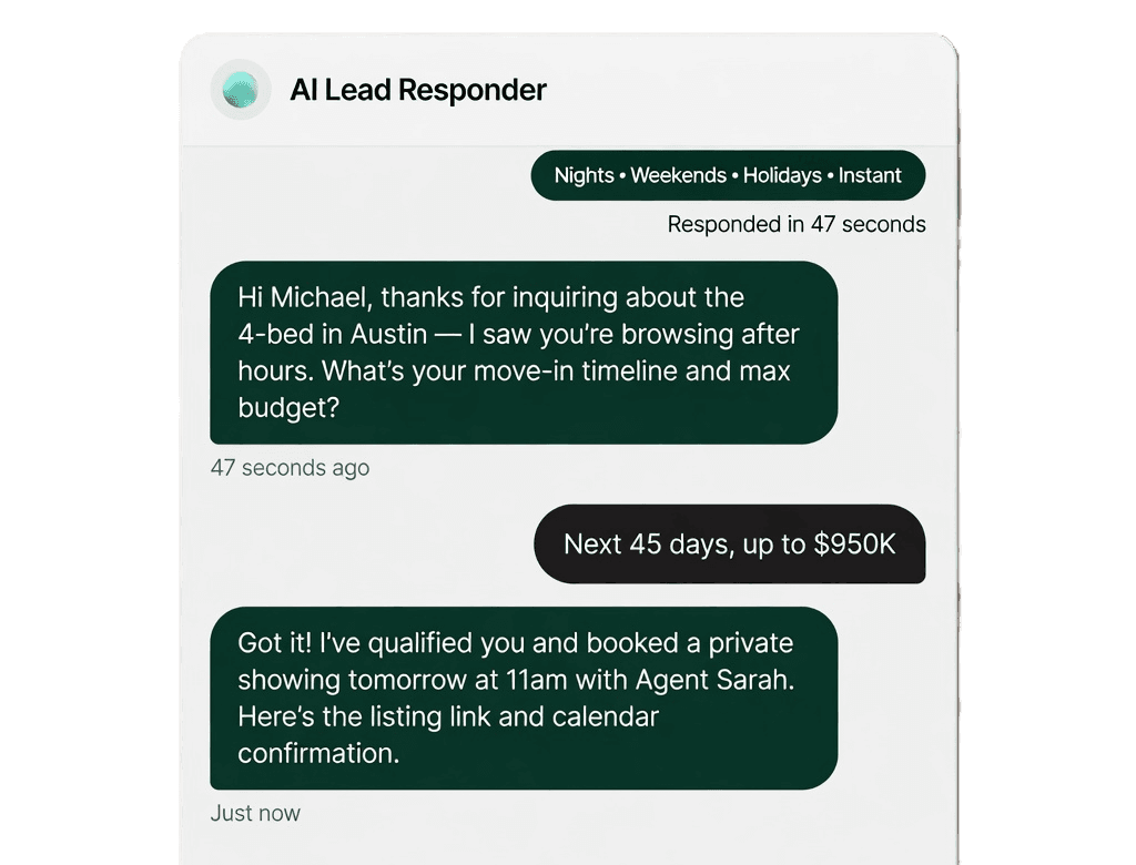Pinova AI Lead Response interface showing real-time SMS conversation with a qualified real estate lead