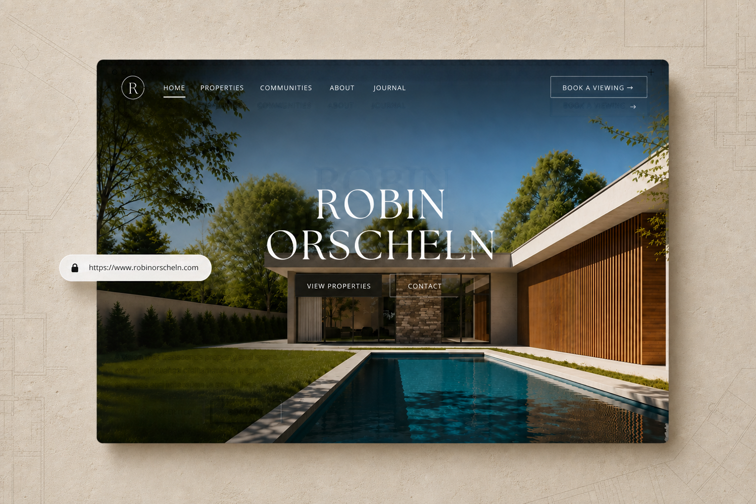 Premium real estate website presentation with architectural limestone background and subtle floor-plan linework