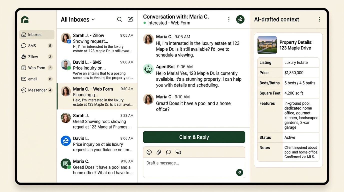 Pinova AI lead response interface showing instant SMS and email conversations